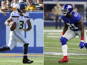 FILE - At left, in an Oct. 8, 2017, file photo, Seattle Seahawks quarterback (3) Russell Wilson runs with the ball during the fourth quarter of an NFL game against the Los Angeles Rams, Los Angeles. At right, in a Sept. 10, 2017, file photo, New York Giants safety Landon Collins (21) lines up to defend against the Dallas Cowboys during an NFL football game, in Arlington, Texas. The Seahawks play at the Giants on Sunday. (AP Photo/File)