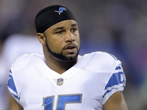 FILE - In this Sept. 18, 2017, file photo, Detroit Lions wide receiver Golden Tate (15) looks on before an NFL football game against the New York Giants in East Rutherford, N.J. The mass shooting in Las Vegas has affected Lions receiver Golden Tate. While playing for the Seattle Seahawks, Tate survived a night at a bar that was sprayed with bullets. (AP Photo/Bill Kostroun, File)