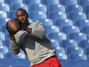 FILE - In this Thursday, Aug. 10, 2017 file photo, Buffalo Bills' Anquan Boldin warms up before a preseason NFL football game against the Minnesota Vikings in Orchard Park, N.Y. A person with direct knowledge of the decision has confirmed to The Associated Press that the Buffalo Bills have granted retired receiver Anquan Boldin permission to explore the possibility of being traded to another team. The person spoke on the condition of anonymity on Thursday, Oct. 26, 2017 because the Bills and Boldin have not revealed this information. (AP Photo/Jeffrey T. Barnes, File)