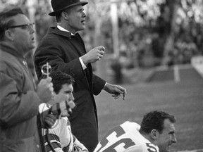 FILE - In this Jan. 1, 1967, file photo, Dallas Cowboys coach Tom Landry shouts to his players on the field during the NFL championship game against the Green Bay Packers in Dallas. The Packers won 34-27. Packers-Cowboys has been one of the NFL's most entertaining and meaningful rivalries for decades. (AP Photo, File)