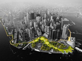 This illustration provided by Rebuild by Design in October 2017 shows a flood-mitigation design for the Manhattan borough of New York. The BIG U proposal calls for a 10-mile protective system around the low-lying southern part of the island. The proposal is part of the Rebuild by Design competition to create infrastructure that would protect coastal areas affected by Superstorm Sandy. (The BIG Team/Rebuild by Design via AP)