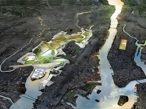 This illustration provided by Rebuild by Design in October 2017 shows a flood-mitigation design for the Meadowlands area of New Jersey, left. At right is New York. The New Meadowlands proposal would address fixes for the flood-prone area, including transforming the area into a flood-protected public park that would have a system of berms and marshes and also create connections with area towns. The proposal is part of the Rebuild by Design competition to create infrastructure that would protect coastal areas affected by Superstorm Sandy. (MIT-CAU-ZUS/Rebuild by Design via AP)