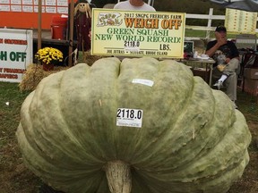 In this Oct. 7, 2017, photo provided by Susan Jutras, Joe Jutras stands with his world record breaking, 2,118-pound squash, following a weigh-in at Frerichs Farm in Warren, R.I. Jutras has become the first grower in the world to achieve a trifecta in the three most competitive categories in the hobby of growing gargantuan foods, having broken world records for largest pumpkin, longest gourd and now, heaviest squash. (Susan Jutras via AP)