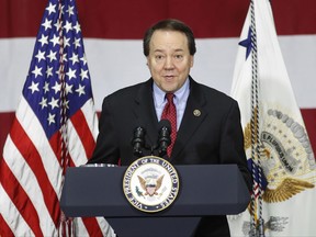 FILE - In this Saturday, April 1, 2017, file photo, Rep. Pat Tiberi, R-Ohio, speaks at DynaLab, Inc., in Reynoldsburg, Ohio. Tiberi said Thursday, Oct. 19, that he will resign from his seat to take the helm of a business policy group back home. (AP Photo/John Minchillo, File)