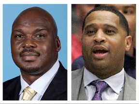 FILE - This combination of file photos show assistant basketball coaches, from left, Tony Bland, Chuck Person, Emanuel Richardson and Lamont Evans. A federal probe illuminates a shady side of college basketball recruiting filled with bribes and kickbacks. Paying players has become standard operating procedure for some programs and the arrest of 10 people, including these four on Sept. 26, 2017, accused of influencing top recruits could change that. (AP Photos/File)