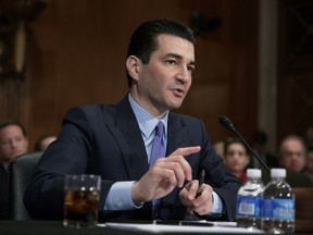FILE -  In this Wednesday, April 5, 2017, file photo, Dr. Scott Gottlieb speaks during his confirmation hearing before a Senate committee, in Washington, as President Donald Trump's nominee to head the Food and Drug Administration. On Monday, Oct. 2, 2017, FDA Commissioner Gottlieb said the administration is opening a new front in its efforts to reduce high drug prices by increasing competition, focusing on medicines so complex to make that they don't face generic competition promptly, if ever. (AP Photo/J. Scott Applewhite, File)