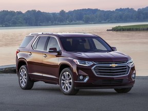 This photo provided by Chevrolet shows the 2018 Chevrolet Traverse, a three-row midsize crossover that comes standard with a V6 engine. It also offers onboard Wi-Fi, iPhone and Android phone integration, and an extensive list of active safety systems. (Jim Frenak-FPI Studios/Courtesy of Chevrolet via AP)