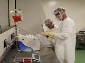 FILE - In this May 2016 file photo provided by Kite Pharma, cell therapy specialists at the company's manufacturing facility in El Segundo, Calif., prepare blood cells from a patient to be engineered in the lab to fight cancer. On Wednesday, Oct. 18, 2017, the Food and Drug Administration approved sales of the therapy Yescarta, developed by Kite Pharma. It is the second gene therapy for U.S. patients _ the first one for adults _ a custom-made, one-time treatment for certain common types of the blood cancer lymphoma. (Kite Pharma via AP, File)