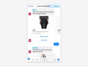 This image provided by Levi Strauss & Co. demonstrates the company's Virtual Stylist which texts back and forth with online customers to offer recommendations, based on their preferences. Marc Rosen, Levi's president of global e-commerce, says early tests show the chatbot is driving more browsers to become buyers. (Courtesy of Levi Strauss & Co. via AP)