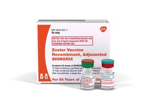 This image provided by GlaxoSmithKline shows the company's Shingrix vaccine. On Friday, Oct. 20, 2017, the Food and Drug Administration approved the vaccine to prevent painful shingles in people aged 50 or older. Drugmaker GlaxoSmithKline said the approval came Friday from the Food and Drug Administration. It will be the second vaccine for shingles, which is caused by the chickenpox virus. Merck has sold a shingles vaccine for about a decade. (GlaxoSmithKline via AP)
