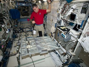 In this photo provided the European Space Agency on Wednesday, Oct. 25, 2017, Italian astronaut Paolo Nespoli looks at the Multipurpose Transporting Plate aboard the International Space Station. Pope Francis is making his first phone call off the planet - and into space. On Thursday, Oct. 26 the pope will reach out to the six astronauts on the International Space Station. It will be only the second time a pope phones the heavens like this. Pope Benedict XVI called the space station in 2011. Nespoli was aboard the orbiting lab for the first papal call, and he's back up there again, along with three Americans and two Russians.  (European Space Agency via AP)