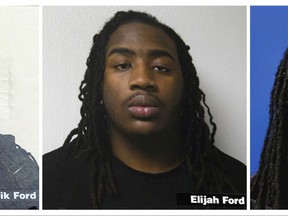 FILE - This combination of images shows undated file photos of brothers Malik, left, Elijah, center and Michael Ford. Two of the brothers have pleaded guilty for their roles in a deadly March 2016 attack on a Prince George's County police station that claimed the life of a police detective. Malik Ford pleaded guilty to attempted murder, conspiracy and a gun charge, and Elijah Ford pleaded guilty to a single conspiracy charge. Michael Ford, who had a gun and fired at the station, faces second-degree murder, attempted murder and conspiracy charges. (Prince George County Police/State of Maryland via AP, File)