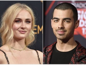 This combination photo shows Sophie Turner at the 68th Primetime Emmy Awards in Los Angeles on Sept. 18, 2016, left, and musician Joe Jonas at the iHeartRadio Music Awards in Inglewood, Calif., on March 5, 2017. Turner and Jonas are engaged. They shared the same photo on Instagram Sunday, Oct. 15, 2017, of her hand sporting a diamond ring and resting on top of his. Turner noted in her caption: "I said yes." (Photo by Jordan Strauss/Invision/AP, File)