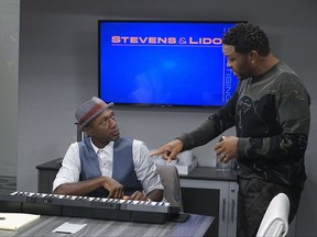 In this image released by ABC, musician Aloe Blacc, left, and Anthony Anderson appear in the "Juneteenth" episode of "black-ish," premiering Tuesday, Oct. 3. (Kelsey McNeal/ABC via AP)