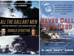 This combination photo of images released by William Morrow show "All the Gallant Men: An American Sailor's Firsthand Account of Pearl Harbor," by Donald Stratton with Ken Gire, left, and "Never Call Me a Hero: A Legendary American Dive-Bomber Pilot Remembers the Battle of Midway," by N. Jack "Dusty" Kleiss and Timothy Orr.  (William Morrow via AP)