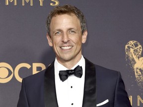 FILE - In this Sept. 17, 2017 file photo, Seth Meyers arrives at the 69th Primetime Emmy Awards in Los Angeles. Meyers is the host of NBC's "Late Night with Seth Meyers." (Photo by Richard Shotwell/Invision/AP, File)