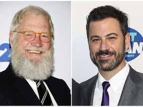 This combination photo shows David Letterman in New York on May 30, 2017, left, and late night talk show host Jimmy Kimmel in Los Angeles on  April 21, 2016.  Letterman will be among the guests when "Jimmy Kimmel Live" returns to Brooklyn, New York. ABC says other guests slated for the week of October 16 include Billy Joel, Tracy Morgan, Amy Schumer and Howard Stern. Paul Shaffer, longtime bandleader on CBS' bygone "Late Show with David Letterman," will sit in with Kimmel's house band, Cleto and The Cletones, each night. (AP Photo/File)