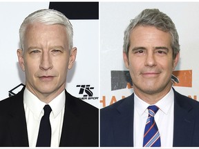 This combination photo shows CNN's Anderson Cooper, left, and Bravo TV's "Watch What Happens Live" host Andy Cohen. CNN says Cooper will co-host its New Year's Eve celebration teamed with Cohen. The twosome will ring in 2018 from Times Square on CNN's "New Year's Eve Live with Anderson Cooper and Andy Cohen" on Sunday, December 31. (AP Photo/File)