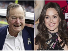 In this combination photo, former president George H.W. Bush appears at an NFL football game in Houston between the Buffalo Bills and the Houston Texans on Nov. 4, 2012, left, and actress Heather Lind appears at AMC's "Turn: Washington's Spies" season three premiere event in New York on April 20, 2016. Lind accused former President George H.W. Bush of touching her from behind while she was posing for a photo alongside him and telling her a dirty joke at a Houston event in 2014. The former president's office apologized Wednesday and offered an explanation. (AP Photo/File)