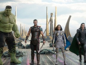 This image released by Marvel Studios shows the Hulk, from left, Chris Hemsworth as Thor, Tessa Thompson as Valkyrie and Tom Hiddleston as Loki in a scene from, "Thor: Ragnarok." (Marvel Studios via AP)