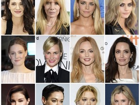 This combination photo shows actresses listed in alphabetical order, top row from left,  Asia Argento, Rosanna Arquette, Jessica Barth, Cara Delevingne, Romola Garai, Judith Godreche, Heather Graham, Angelina Jolie, Ashley Judd, Rose McGowan, Lea Seydoux and Mira Sorvino, who have made allegations against producer Harvey Weinstein. (AP Photo/File)