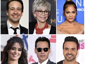 This combination photo shows Lin-Manuel Miranda, top row from left, Rita Moreno, Jennifer Lopez, and bottom row from left, Camilla Cabello, Marc Anthony and Luis Fonsi who are a few of the musicians who have participated in the new original song, "Almost Like Praying" to help raise money for Puerto Rican hurricane relief. (AP Photo/File)