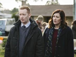This image released by SundanceTV shows Celia Pacquola, right, and Luke McGregor in a scene from "Rosehaven." The series is set in Australia, where McGregor's character returns to his rural hometown to run his ailing mother's real-estate business. Meanwhile, Pacquola's character lands on his doorstep after her marriage goes bust.  (Scott Bradshaw/SundanceTV via AP)