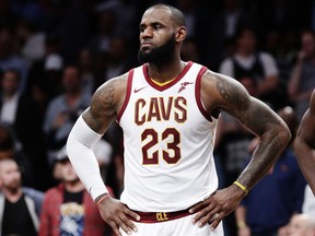 Cleveland Cavaliers forward LeBron James (23) reacts during the second half of an NBA basketball game against the Brooklyn Nets Wednesday, Oct. 25, 2017, in New York. The Nets won 112-107. (AP Photo/Frank Franklin II)