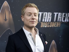 FILE - In this Sept. 19, 2017 file photo, Anthony Rapp, cast member in "Star Trek: Discovery," poses at the premiere of the new television series in Los Angeles. Spacey says he is "beyond horrified" by allegations that he made sexual advances on Rapp when he was a teen boy in 1986. Spacey posted on Twitter that he does not remember the encounter but apologizes for the behavior. Rapp tells BuzzFeed that he was 14 when he attended a party at Spacey's apartment. (Photo by Chris Pizzello/Invision/AP, File)