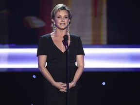 FILE - In this Jan. 29, 2017, file photo, SAG-AFTRA President Gabrielle Carteris speaks at the 23rd annual Screen Actors Guild Awards at the Shrine Auditorium & Expo Hall in Los Angeles. Carteris says people are finally saying "No more" about covering up sexual harassment, and that may lead to some meaningful change to a culture in Hollywood that has preyed on young women for decades. (Photo by Chris Pizzello/Invision/AP, File)