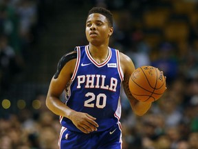 In this Oct. 9, 2017, photo, Philadelphia 76ers guard Markelle Fultz during the first quarter of a preseason NBA basketball game against the Boston Celtics in Boston. Fultz gets to start the next chapter of his career in a familiar spot. The No. 1 pick in the draft will make his NBA debut for the 76ers on Wednesday night, Oct. 18, at the Washington Wizards, about a half-hour from home. (AP Photo/Winslow Townson)