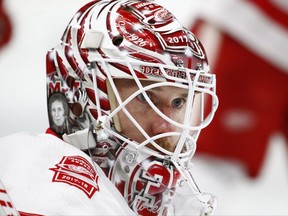 Detroit Red Wings goalie Jimmy Howard (35) looks on prior to the first period of an NHL hockey game against the Buffalo Sabres, Tuesday Oct. 24, 2017, in Buffalo, N.Y. (AP Photo/Jeffrey T. Barnes)