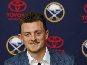 Buffalo Sabres forward Jack Eichel addresses the media during an NHL hockey news conference, Wednesday Oct. 4, 2017, in Buffalo, N.Y.  The Sabres and 20-year-old center agreed to an eight-year, $80-million contract extension on Tuesday.  (AP Photo/Jeffrey T. Barnes)