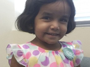 FILE- This undated photo provided by the Richardson Texas Police Department shows 3-year-old Sherin Mathews. Police in a Dallas suburb say they've found the body of a small child on Sunday, Oct. 22, 2017, not far from the home of Sherin Mathews, who's been missing since early this month. Her father, Wesley Mathews, has told authorities he ordered the child to stand next to a tree behind the fence at their home around 3 a.m. on Oct. 7 as punishment for not drinking her milk and she went missing. Police say the body hasn't been positively identified. (Richardson Texas Police Department via AP)
