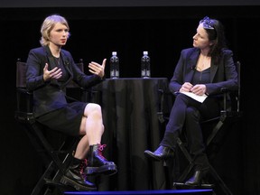 In this photo provided by The New Yorker, Chelsea Manning, left, speaks to New Yorker writer Larissa MacFarquhar during an appearance at the New Yorker Festival on Sunday, Oct. 8, 2017, in New York. Manning appeared before a largely sympathetic crowd at the annual festival, where she spoke about her life, her views, her transition to a transgender woman, and the circumstances surrounding her leaking of thousands of classified documents to WikiLeaks. (Patrick Butler/The New Yorker via AP)