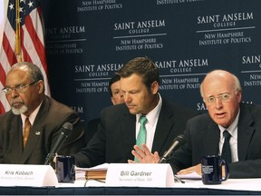 FILE - In this Tuesday, Sept. 12, 2017 file photo, New Hampshire Secretary of State Bill Gardner, right, introduces one of the speakers at a meeting of the Presidential Advisory Commission on Election Integrity in Manchester, N.H. Kansas Secretary of State Kris Kobach, center, and former Ohio Secretary of State Ken Blackwell, left, also attend. The information coming out of President Donald Trump's commission to investigate voter fraud has frustrated not only reporters and senators but now even members of the commission. (AP Photo/Holly Ramer, File)