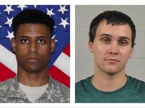 This combination of photos provided by the U.S. Army and the University of Maryland Police Department shows Richard Collins III, right, and Sean Urbanski. On Tuesday, Oct. 17, 2017, Urbanski was indicted on a hate crime charge for allegedly stabbing Collins to death "because of his race," a Maryland prosecutor said. (U.S. Army, University of Maryland Police Department via AP)