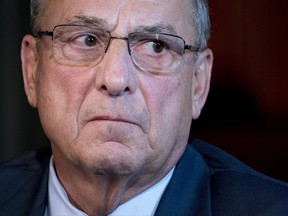 FILE - This Sept. 22, 2017 file photo shows Maine Gov. Paul LePage attending a meeting with Vice President Mike Pence to discuss health care and tax reform in the Eisenhower Executive Office Building on the White House Complex in Washington. LePage says the media fanned the flames in a flap with sheriffs over his directive they should hold immigrants without warrants and is calling news organizations "the most horrible organizations on the earth." The outburst came Monday, Oct. 16, 2017 after he summoned all 16 sheriffs to a closed-door meeting. (AP Photo/Andrew Harnik)