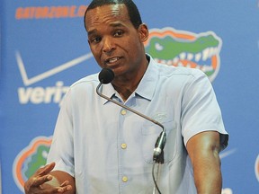 FILE - In this Aug. 5, 2016, file photo, Florida associate coach Randy Shannon speaks to the media during the university's NCAA college football media day in Gainesville, Fla.  Shannon is shaking things up as Florida's interim coach. The former Miami head coach replaced Jim McElwain and needed less than a day to make changes. Shannon opened up the quarterback job. He promoted Chris Rumph to defensive coordinator. And he elevated former Idaho head coach Robb Akey to defensive line coach. He also tweaked parts of practice and put an increased emphasis on special teams. (AP Photo/Phil Sandlin, File)