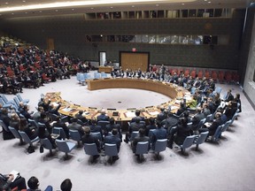 In this photo provided by the United Nations, the U.N. Security Council meets on the use of chemical weapons in Syria, at U.N. headquarters, Thursday, Oct. 26, 2017. Experts from the U.N. and the chemical weapons watchdog are blaming the Syrian government for an attack in April 2017 using the nerve gas sarin that killed over 90 people. (Kim Haughton/The United Nations via AP)