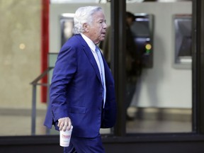 New England Patriots NFL football team owner Robert Kraft arrives for meeting at the league headquarters in New York, Tuesday, Oct. 17, 2017. (AP Photo/Richard Drew)