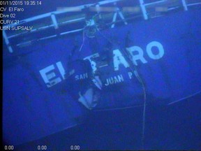 FILE - This undated image made from a video released April 26, 2016, by the National Transportation Safety Board shows the stern of the sunken ship El Faro. In a report released Sunday, Oct. 1, 2017, the Coast Guard says the primary cause of the sinking of a cargo ship two years ago that killed all 33 aboard was Capt. Michael Davidson misreading both the strength of a hurricane and his overestimation of the ship's strength. (National Transportation Safety Board via AP, File)