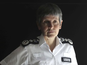 FILE - In a Saturday, June 10, 2017 file photo, Commissioner of the Metropolitan Police Cressida Dick speaks during an interview with The Associated Press at New Scotland Yard, in London. Dick says the extremely close relationship between her department and the New York Police Department is vital to keeping people safe in a time of global terrorism threats. Commissioner Cressida Dick is in the United States on her first official trip since being appointed to lead the department earlier this year. She met with NYPD Commissioner James O'Neill on Thursday, Oct. 26, 2017.  (AP Photo/Tim Ireland, File)