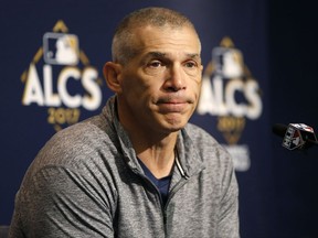 New York Yankees manager Joe Girardi answers questions during an American League Championship Series baseball news conference, Sunday, Oct. 15, 2017, in New York. (AP Photo/Kathy Willens)