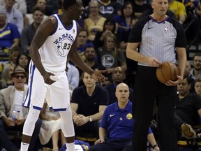 Golden State Warriors' Draymond Green, left, argues with a referee during the first half of an NBA basketball game against the Washington Wizards, Friday, Oct. 27, 2017, in Oakland, Calif. (AP Photo/Ben Margot)