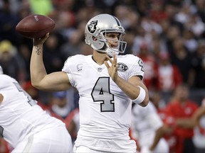 Oakland Raiders quarterback Derek Carr (4) throws a pass against the Kansas City Chiefs during the first half of an NFL football game in Oakland, Calif., Thursday, Oct. 19, 2017. (AP Photo/Marcio Jose Sanchez)