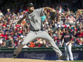 Chicago White Sox starting pitcher Chris Volstad delivers to Cleveland Indians' Francisco Lindor during a baseball game in Cleveland, Sunday, Oct. 1, 2017. (AP Photo/Phil Long)
