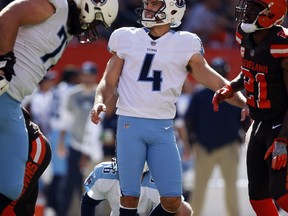 Tennessee Titans kicker Ryan Succop watches the ball after kicking a 43-yard field goal in the first half of an NFL football game against the Cleveland Browns, Sunday, Oct. 22, 2017, in Cleveland. (AP Photo/Ron Schwane)