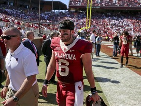 Oklahoma quarterback Baker Mayfield (6) walks off the field after an NCAA college football game against Iowa State in Norman, Okla., Saturday, Oct. 7, 2017. Iowa State defeated No. 3 Oklahoma 38-31. (Ian Maule/Tulsa World via AP)