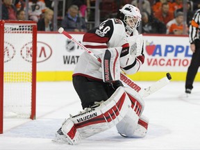 Arizona Coyotes' Scott Wedgewood stops the shot during the second period of an NHL hockey game against the Philadelphia Flyers, Monday, Oct. 30, 2017, in Philadelphia. (AP Photo/Chris Szagola)